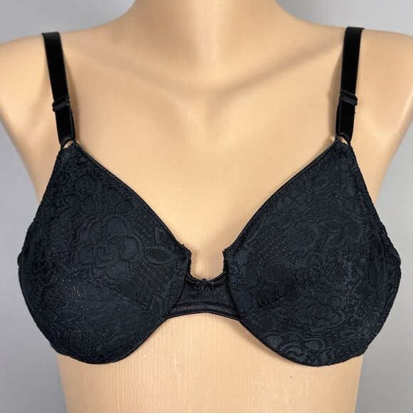 Vintage Vanity Fair Bra Size 34B 75-152 Black Semi Sheer Jacquard Lace Unlined - Picture 1 of 9